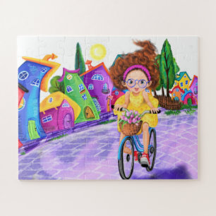 Chica en bicicleta con pintura de rompecabezas de 