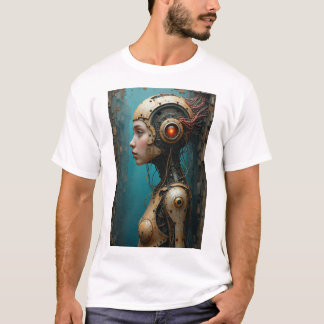 Chica en camiseta mecánica de la computadora