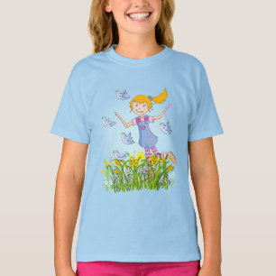 Chica en daffodils persiguiendo pájaros camiseta p