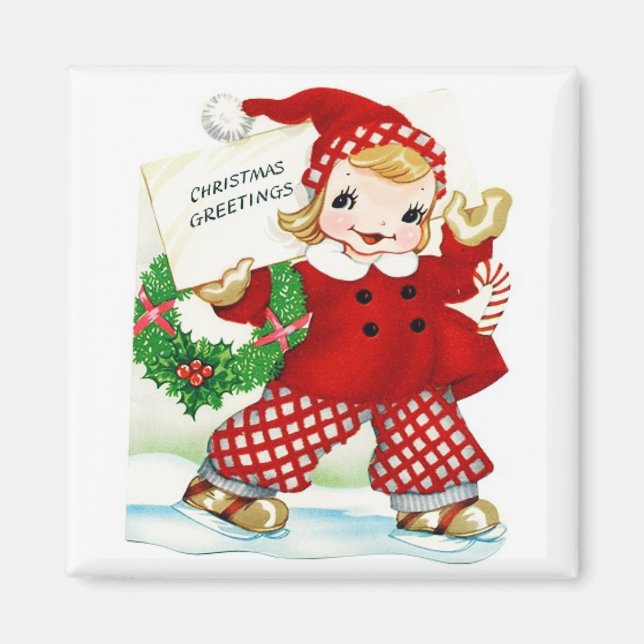 Chica en el imán virgen de patinaje sobre rojos (Frente)