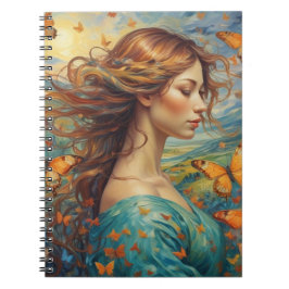 Chica en el viento con cuaderno de mariposas
