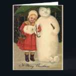 Chica en la Chaqueta Roja con postal navideña<br><div class="desc">Vintage tarjeta navideña de Chica con abrigo rojo que protege a Snowman con un paraguas verde.</div>