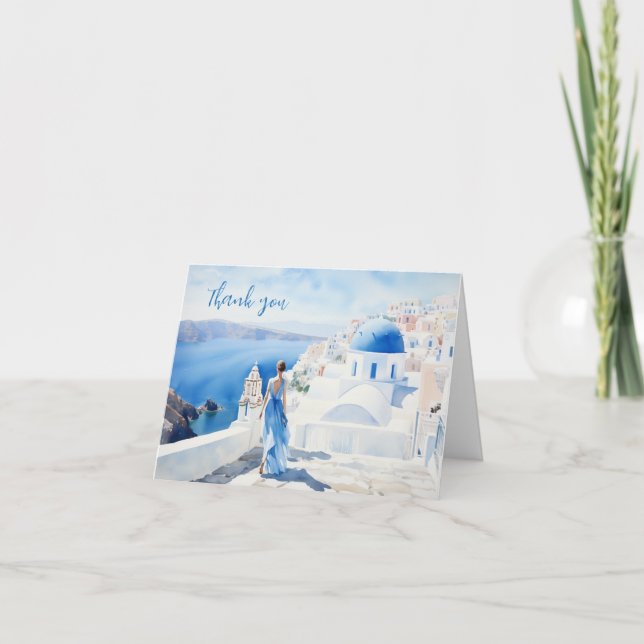Chica en Santorini, acuarela, tarjeta Gracias (Anverso)
