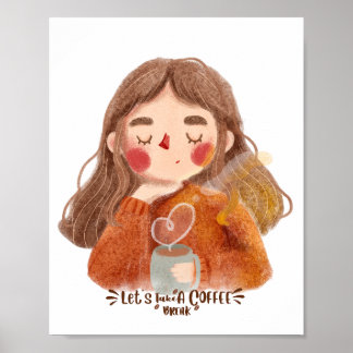 Chica Encantadora y Acogedora con Póster de Café -