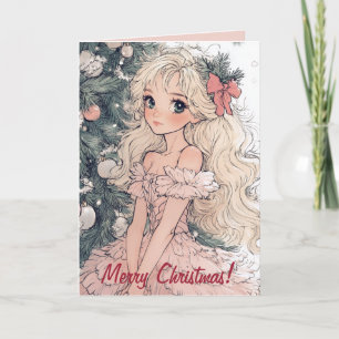 Chica estilo anime y tarjeta de árbol de Navidad