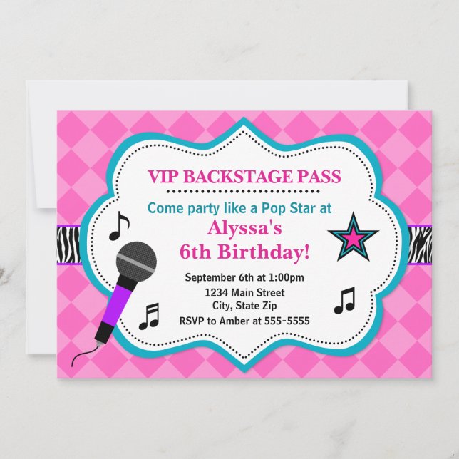 Chica estrella del pop cumpleaños invitación al ro (Anverso)