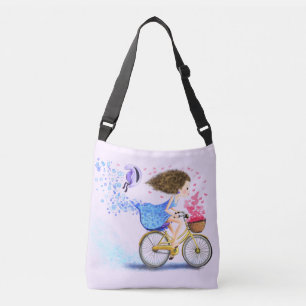 Chica feliz con bolsa de bici-crucería
