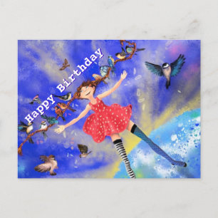 Chica feliz con tarjeta de cumpleaños de aves