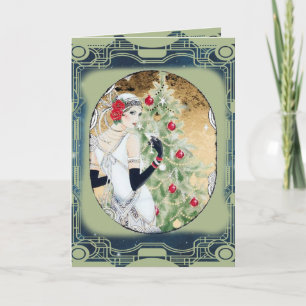 Chica Flapper de Navidad con bebida y árbol