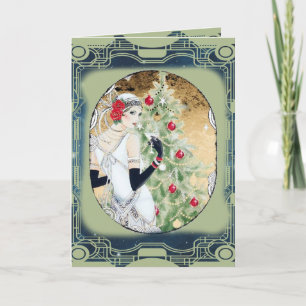 Chica Flapper de Navidad con bebida y árbol