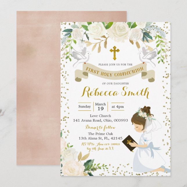 Chica Floral Blanca Primera Invitación de la Santa (Anverso / Reverso)