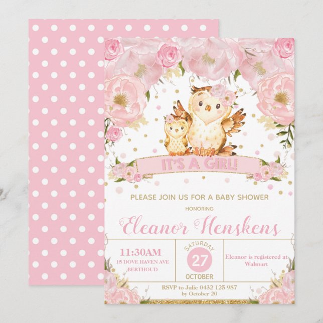 Chica floral de la invitación de Baby Shower del (Anverso / Reverso)