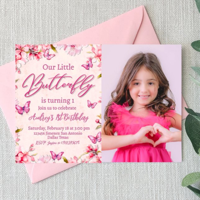 Chica floral de mariposa rosa Invitación a cumplea (Pink Butterfly Floral Girl Birthday Invitation with Photo)