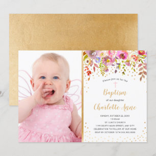 Chica floral de oro rosa foto invitación al bautis