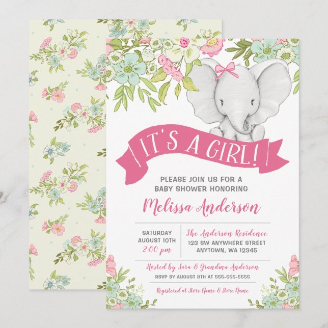 Chica floral Elephant Baby Shower Invitaciones (Anverso / Reverso)