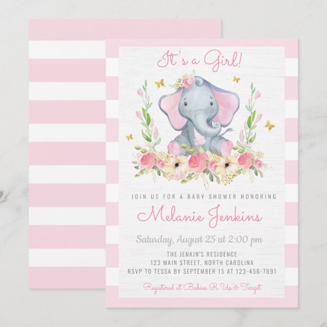 Chica floral Elephant Invitación a Baby Shower (Anverso / Reverso)