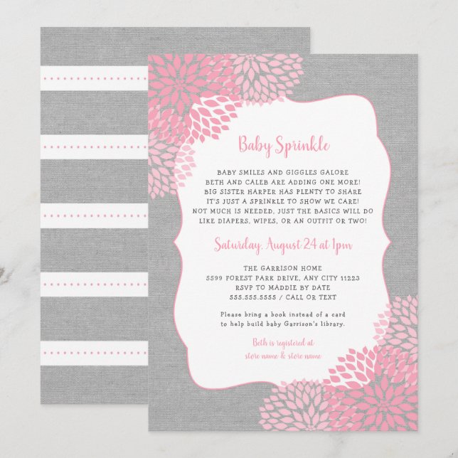 Chica floral gris rosa invitación a rociar (Anverso / Reverso)