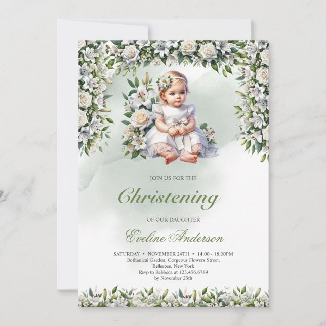 Chica floral moderno Invitación a la cristiandad (Anverso)