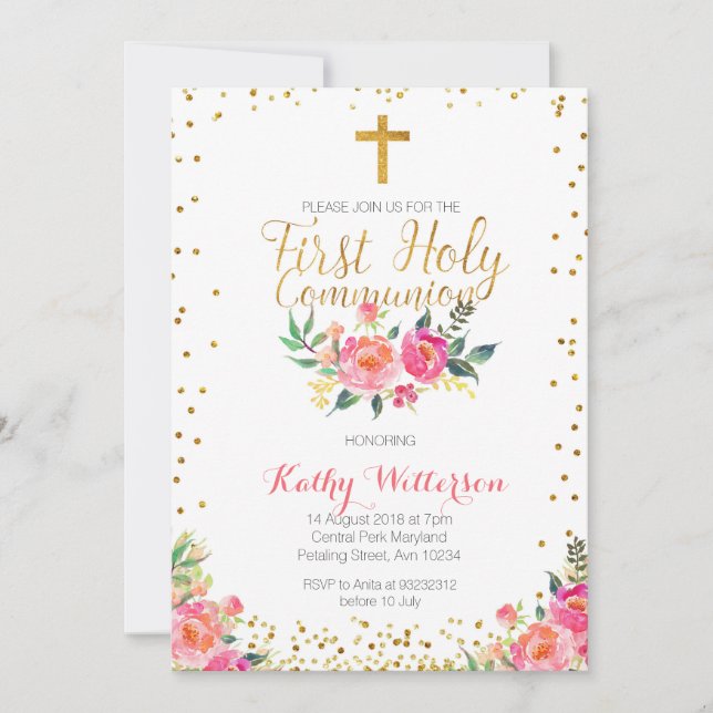 Chica Floral Primer Invitación a la Santa Comunión (Anverso)