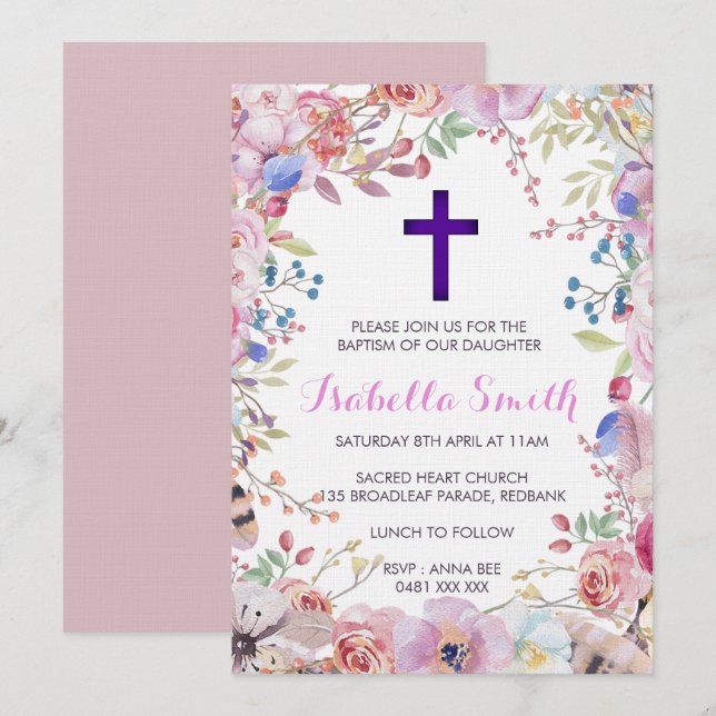 Chica floral púrpura de la invitación de (Anverso / Reverso)