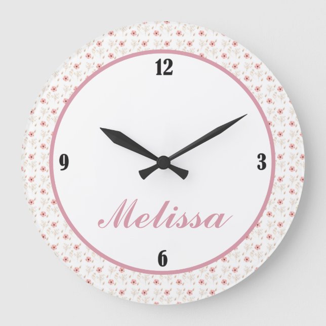 Chica floral rosa blanco oscuro reloj de pared de  (Anverso)