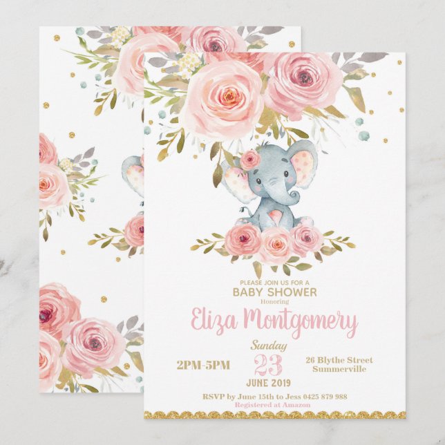 Chica floral rosa de la invitación a Baby Shower p (Anverso / Reverso)