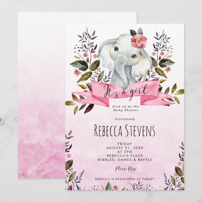 chica floral rosa elefante invitación a ducharse (Anverso / Reverso)