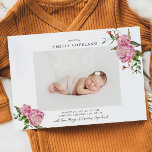 Chica floral rosada Nacimiento foto bebé Anuncio d<br><div class="desc">Tarjeta de anuncio de natalidad rústica con una foto de tu recién nacido con un ilustracion acuarela de flores de peonía rosada con vegetación.</div>