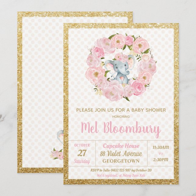 Chica floral rosado de la invitación de Baby (Anverso / Reverso)