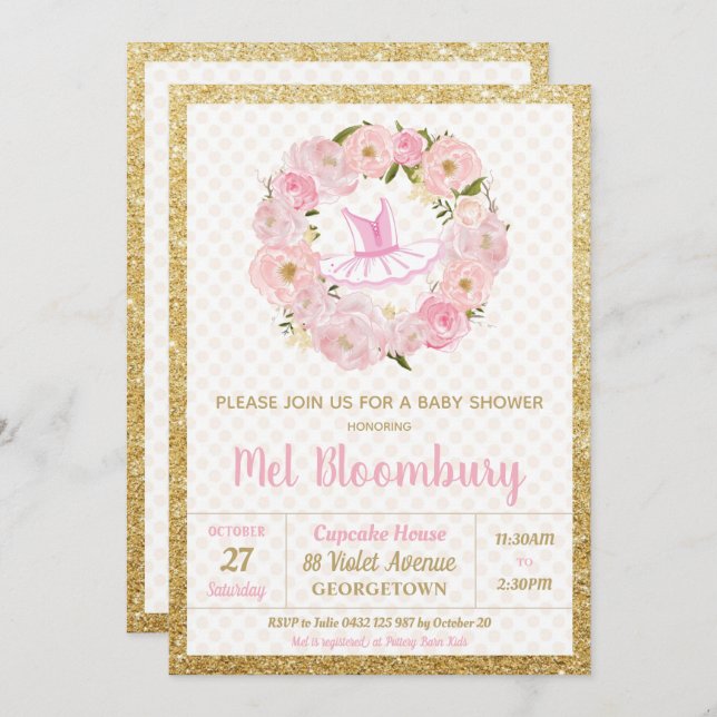 Chica floral rosado de la invitación de Baby (Anverso / Reverso)