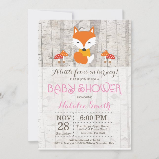 Chica Fox Invitación a Baby Shower Rústico Woodlan (Anverso)