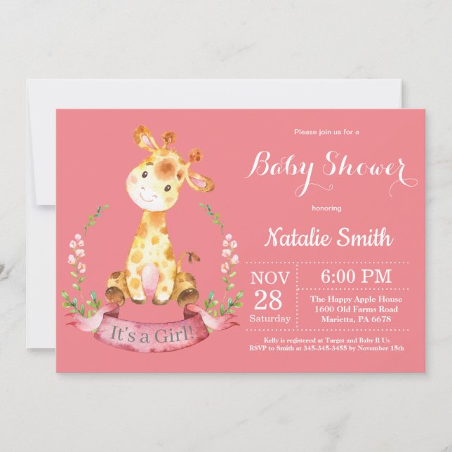 Chica Giraffe Baby Shower Invitación (Anverso)