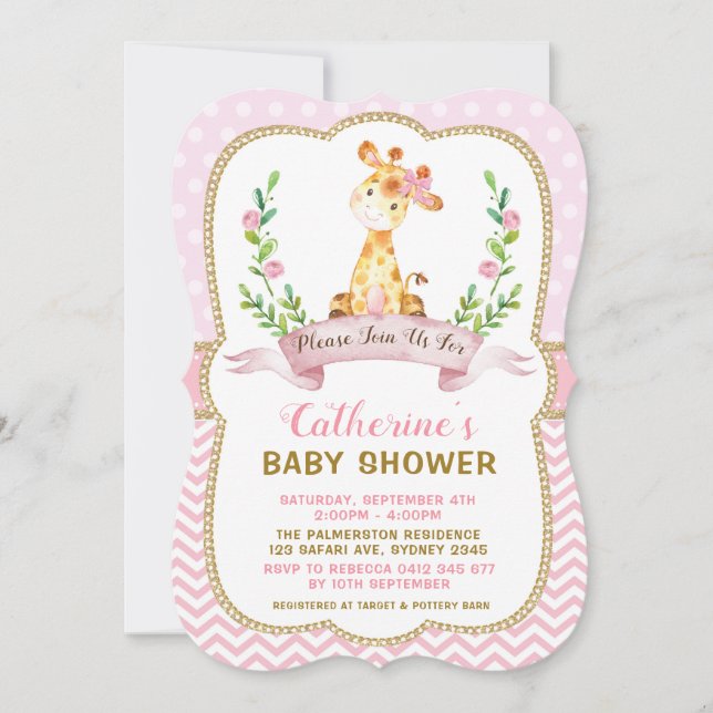 Chica Giraffe Baby Shower Invitación rosa y dorada (Anverso)