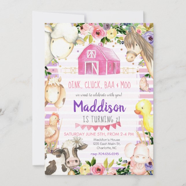 Chica Granja Invitación de cumpleaños rosa y púrpu (Anverso)
