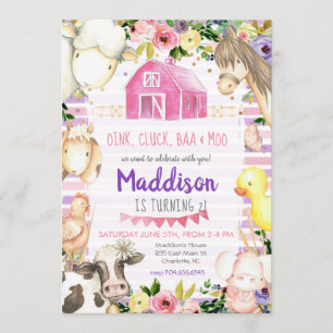 Chica Granja Invitación de cumpleaños rosa y púrpu