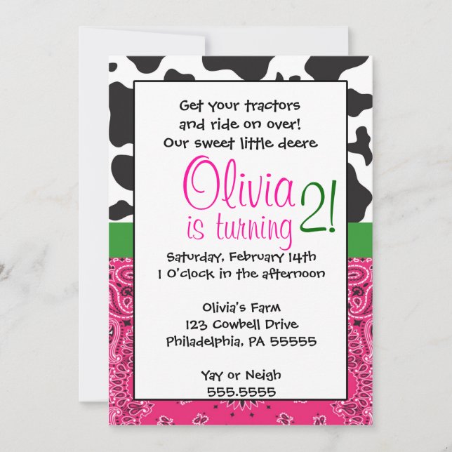 Chica granjero inspiró invitación de cumpleaños (Anverso)