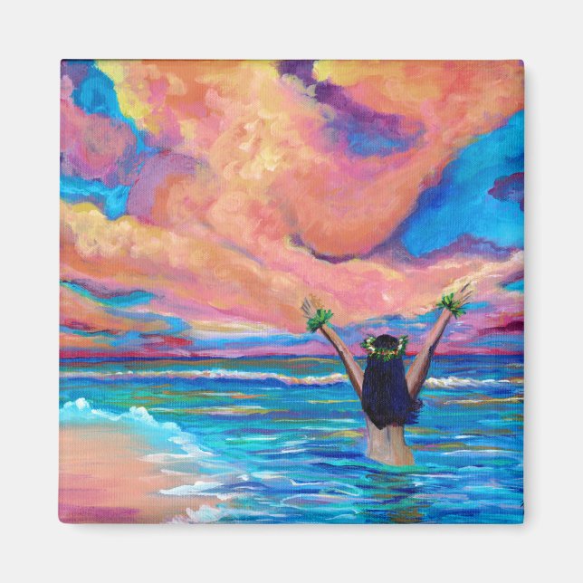 Chica hawaiano Hula en el imán Sunrise (Frente)