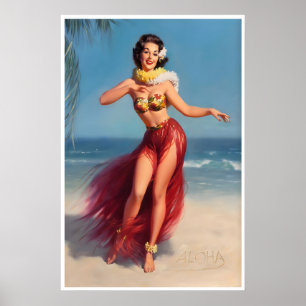 Chica Hula Hawaiana Arte de Alfiler Arte Antiguo A
