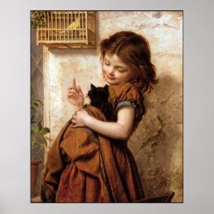 Chica, impresión de póster para gato y pájaro