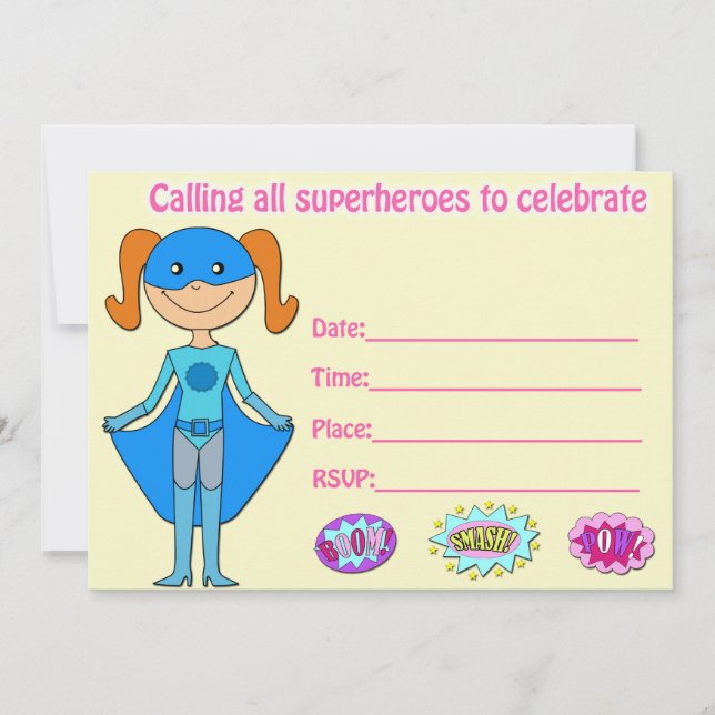 Chica invitación de cumpleaños de superhéroes rell (Anverso)