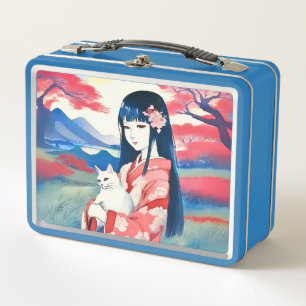 Chica japonés con gato blanco