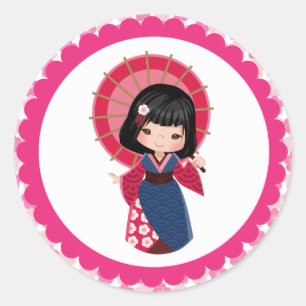 Chica japonés en Kimonos Pegatinas redondos clásic