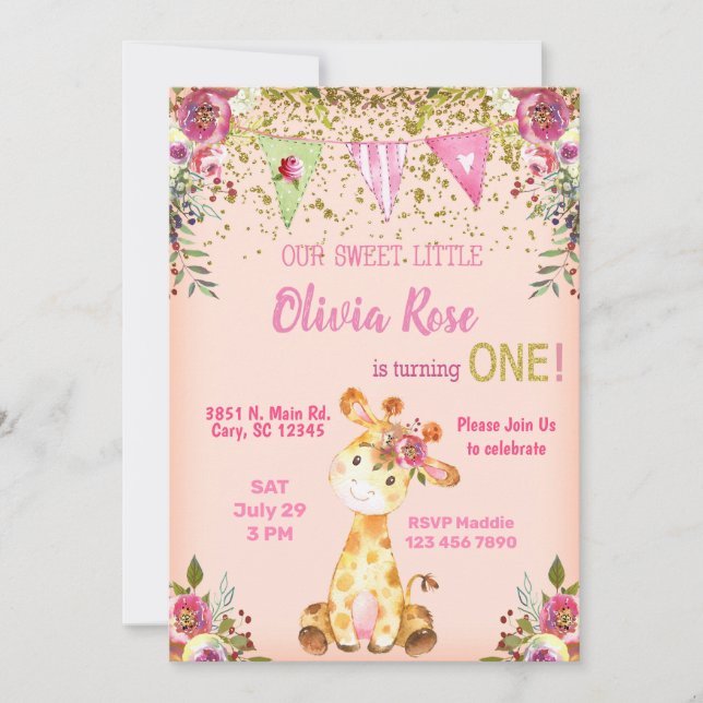 Chica jirafa rosa primera invitación de cumpleaños (Anverso)