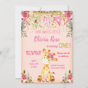 Chica jirafa rosa primera invitación de cumpleaños