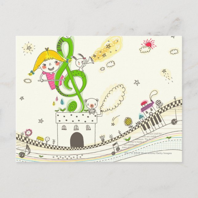 Chica jugando con notas musicales en casa (Anverso)