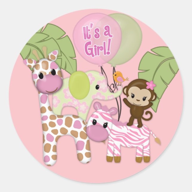 Chica Jungle Safari Pegatina de Ronda Baby Shower (Anverso)
