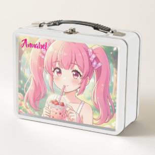 Chica linda de anime en rosa bebiendo té de burbuj