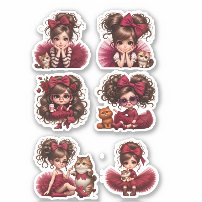 Chica lindo con conjunto de Pegatinas rojo y gatit (Anverso)