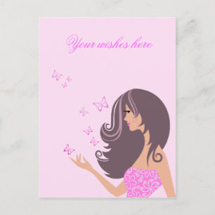 Chica lindo con mariposas postal