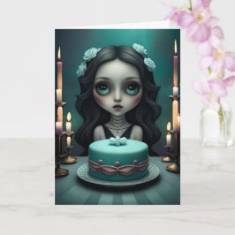 Chica lindo con torta de cumpleaños, tarjeta de cu